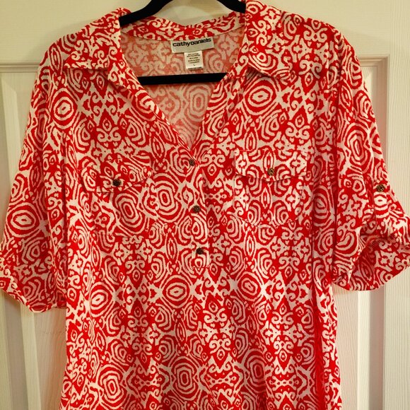 Cathy Daniels, red/white print blouse, sz L - Picture 1 of 5